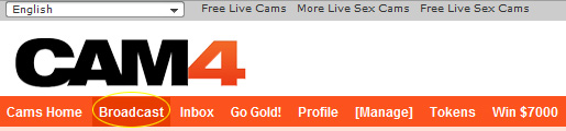 CAM4 Webcam: After login, click on 'Broadcast'.