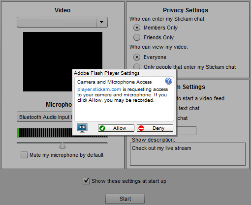Stickam Webcam: 1 - After login, 'Allow' Camera and Microphone Access.