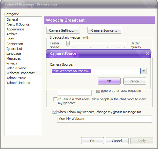Yahoo Webcam: 3 - Click 'Camera Source..' button and select 'Fake Webcam Source V6.1' from drop down list then click 'OK'.
